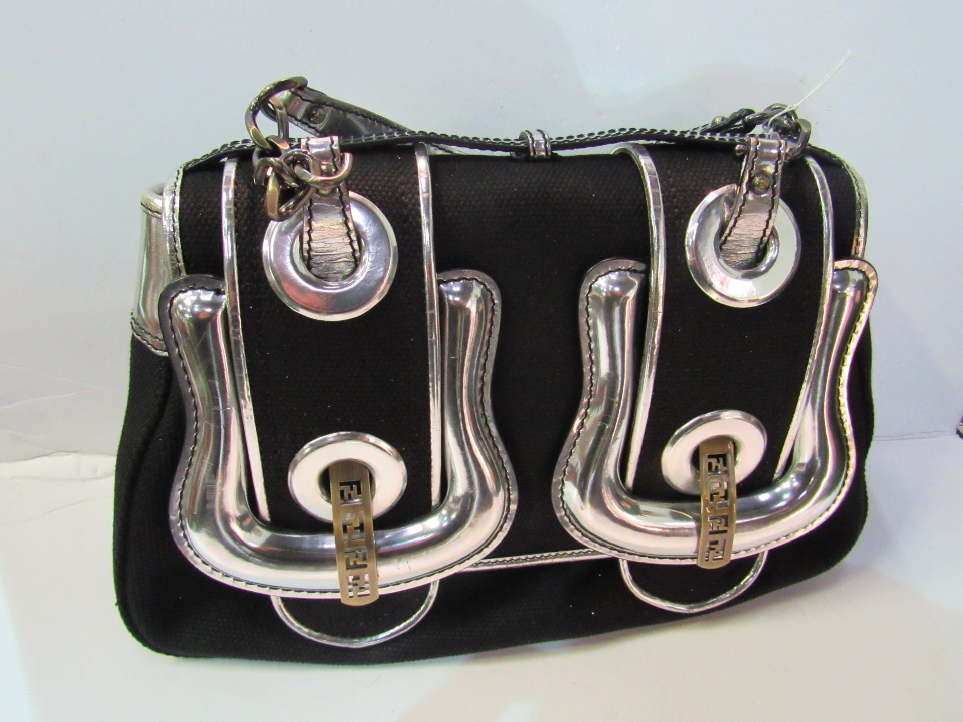 Authentic ""FENDI"" silver trimmed black handbag in dustbag. Estimate £40-60. - Image 2 of 2
