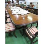 Mahogany triple pedestal extendable dining table complete with 3 leaves, plus 10 chairs and 2