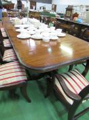 Mahogany triple pedestal extendable dining table complete with 3 leaves, plus 10 chairs and 2