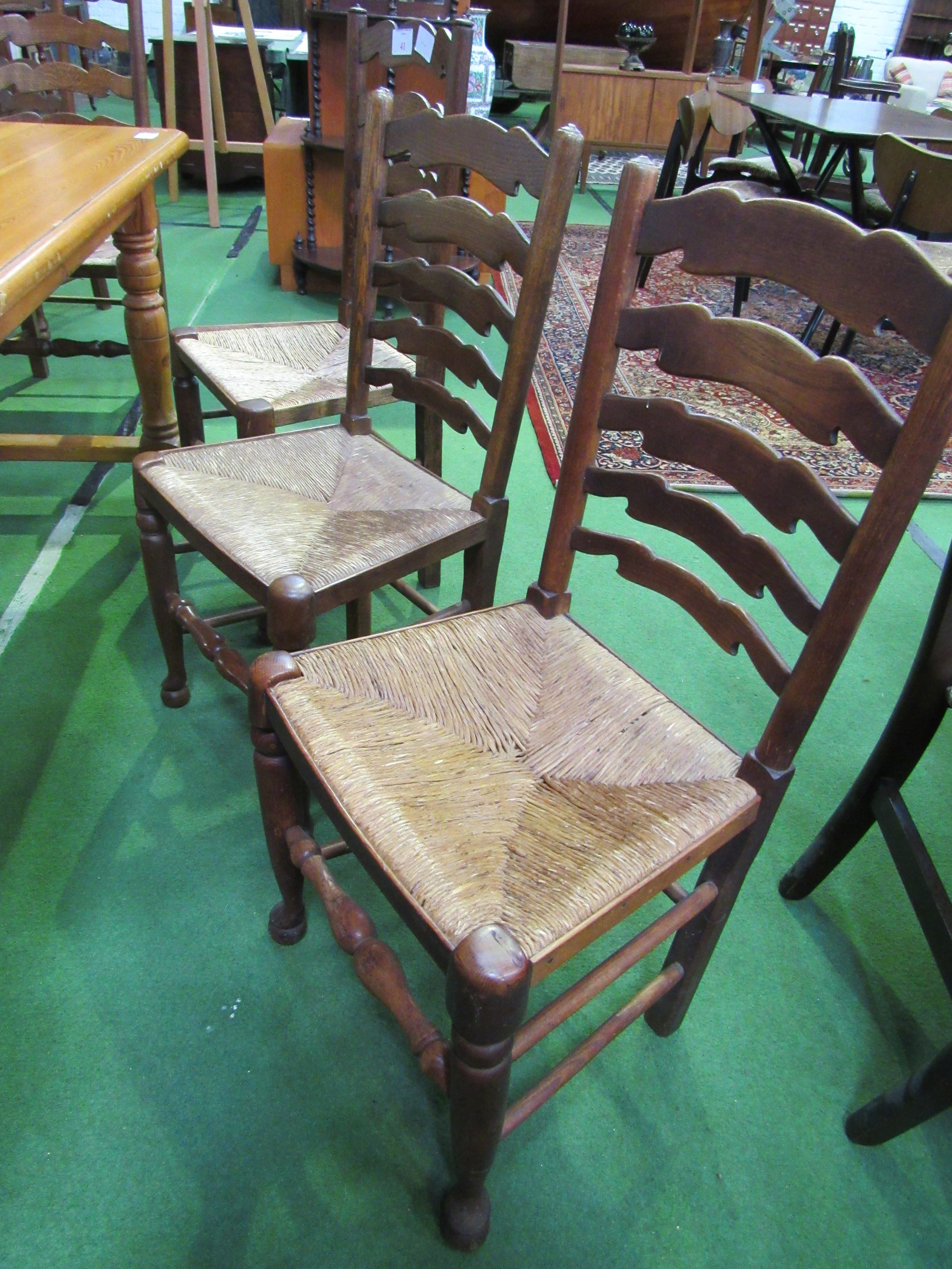 Set of 6 chairs and 2 carvers, mix of oak and elm ladder back with string seats, together with 3 - Image 5 of 5