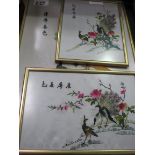 4 framed and glazed embroidered silk pictures of birds and flowers. Estimate £40-80.
