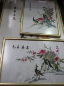 4 framed and glazed embroidered silk pictures of birds and flowers. Estimate £40-80.