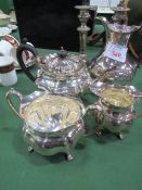 Silver plated coffee pot; tea pot; sugar bowl; milk jug; 2 x silver plated candlesticks, height