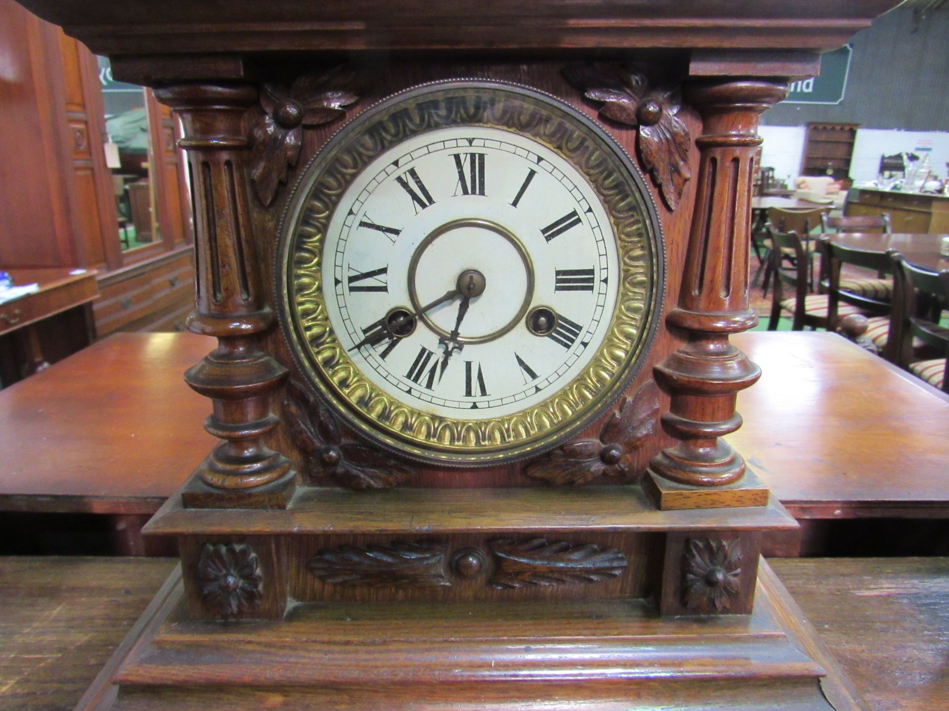 Oak case mantel clock with finial decoration. Height 52cms. Estimate £40-60. - Image 2 of 3