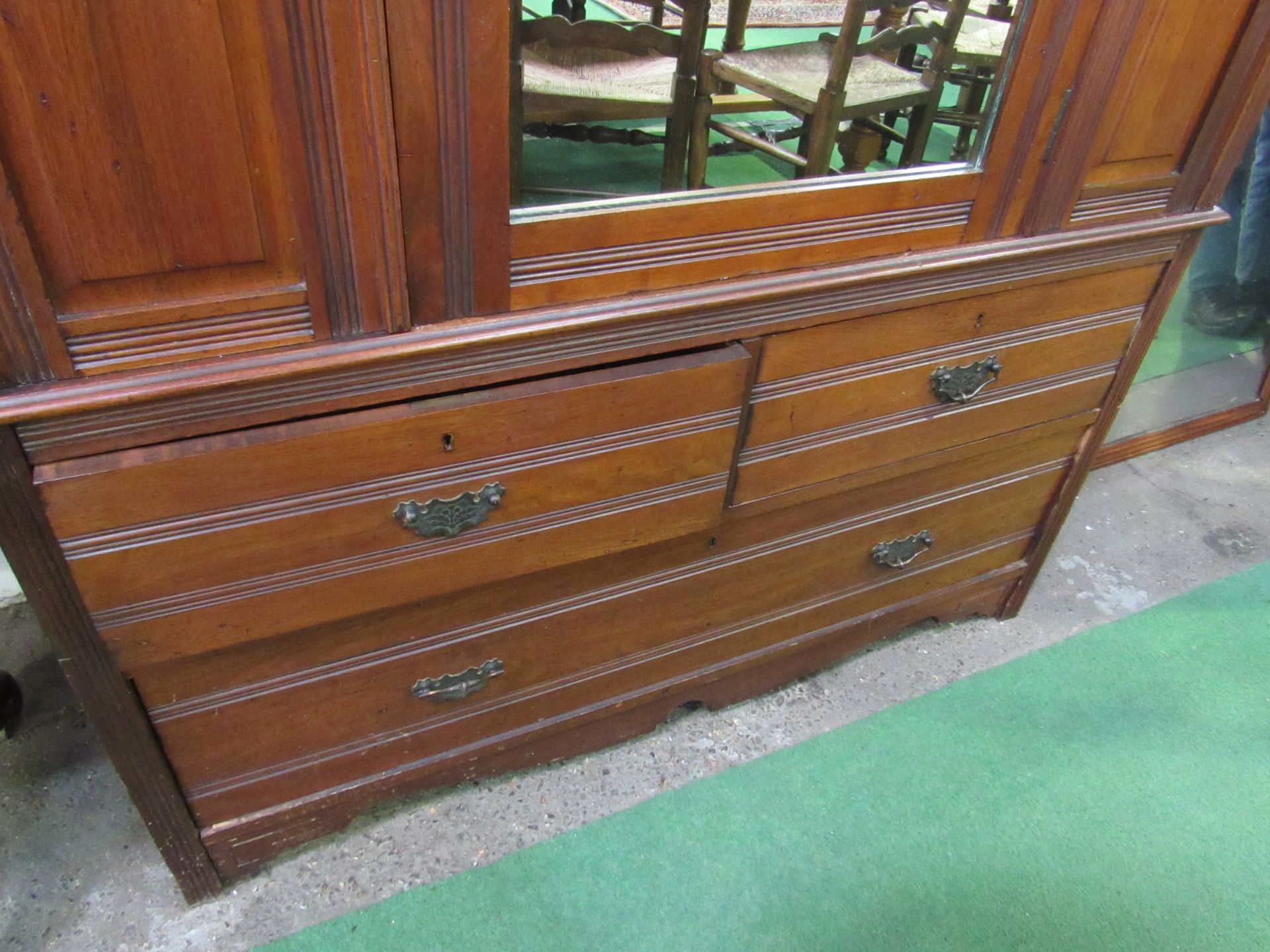 Edwardian mahogany wardrobe with mirror door above 2 over 1 drawers. 132 x 51 x 207cms. Estimate £ - Image 2 of 5