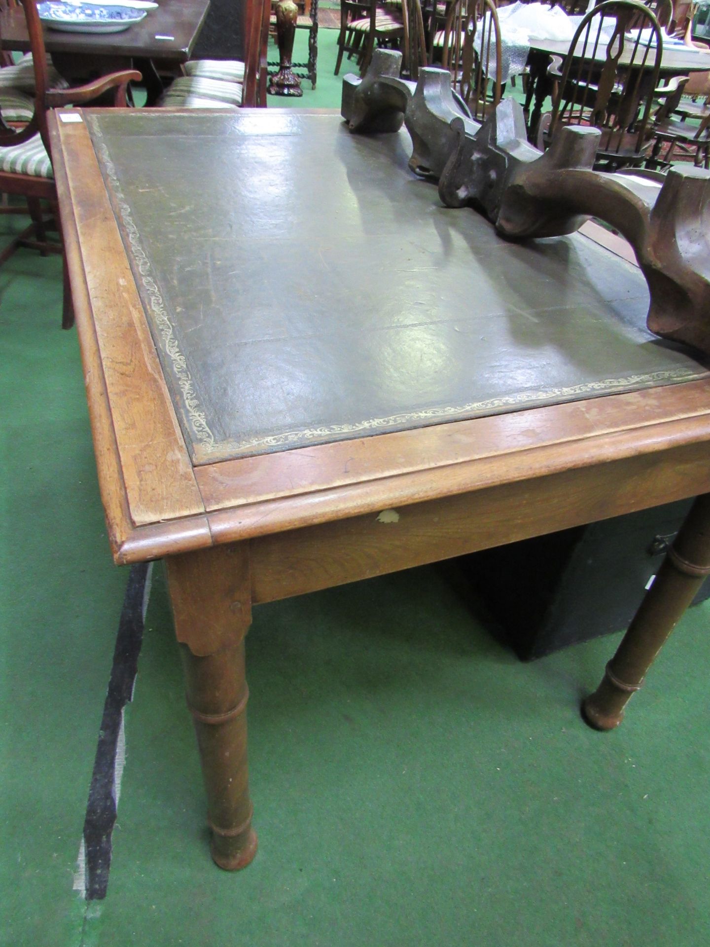 Mahogany writing table with leather skiver and 3 frieze drawers. 140 x 84 x 76cms. Estimate £20-40. - Image 3 of 4