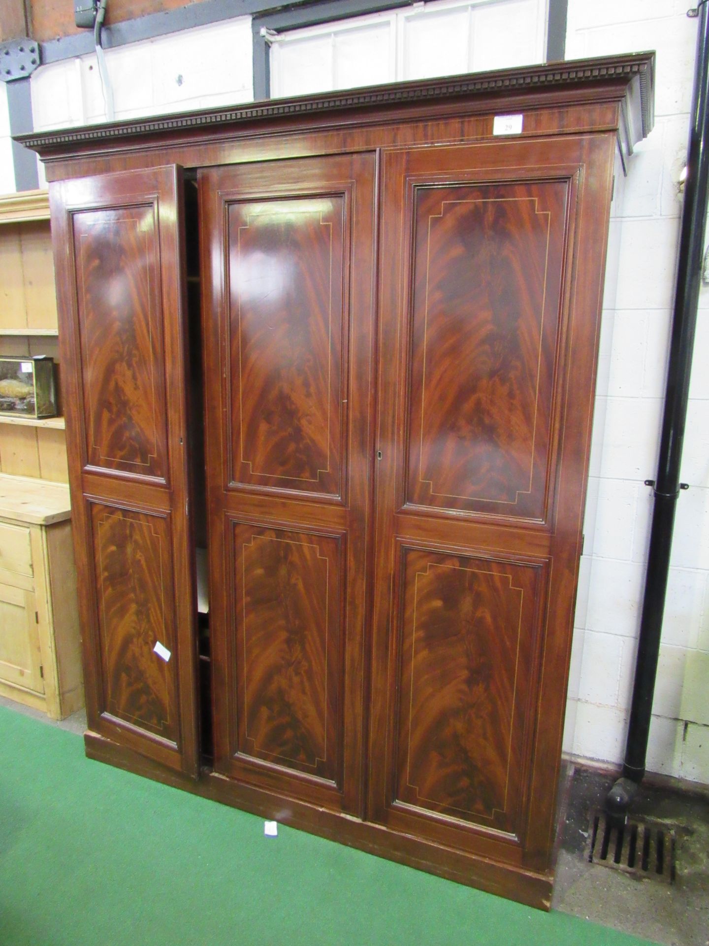 Edwardian Mahogany 3 section wardrobe, with hanging space above drawers, and flame mahogany panel