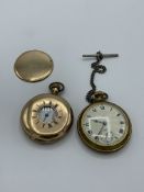 Gold plated cased half hunter pocket watch by the American Watch Co, Waltham, Mass, going order;