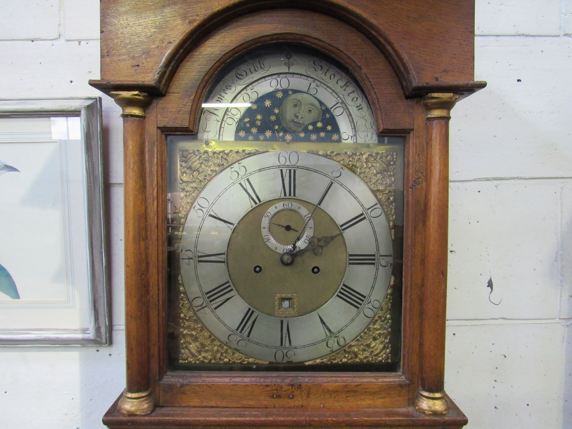 Oak longcase clock, break arch, moon phase, date aperture, seconds dial, face engraved 'James - Image 3 of 3