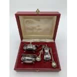 Silver condiment set, Sheffield 1983 (blue insert missing from mustard pot) in Cooper Bros Box,