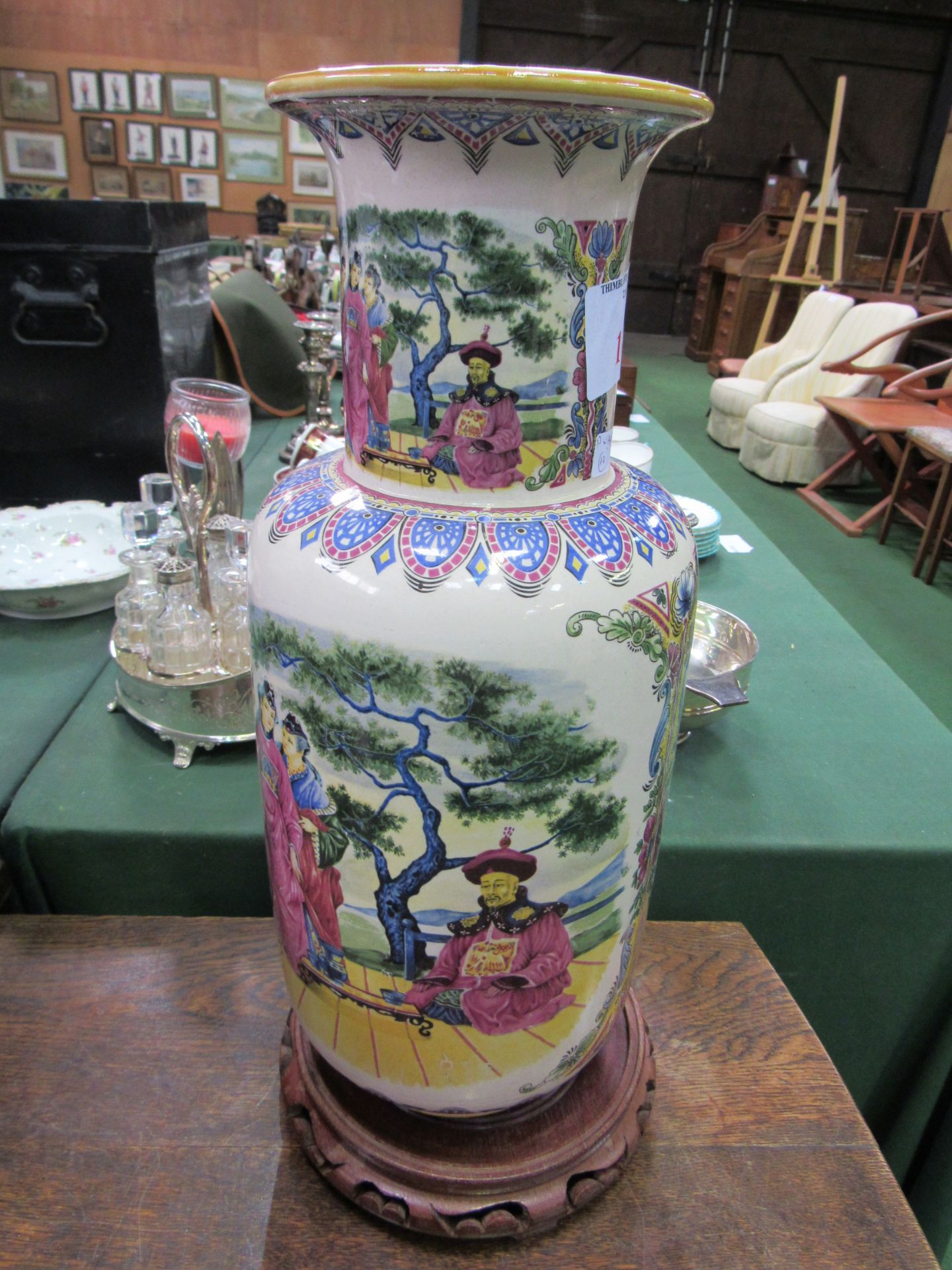Tall rounded Chinese famille figural vase on stand. Estimate £30-50. - Image 2 of 3