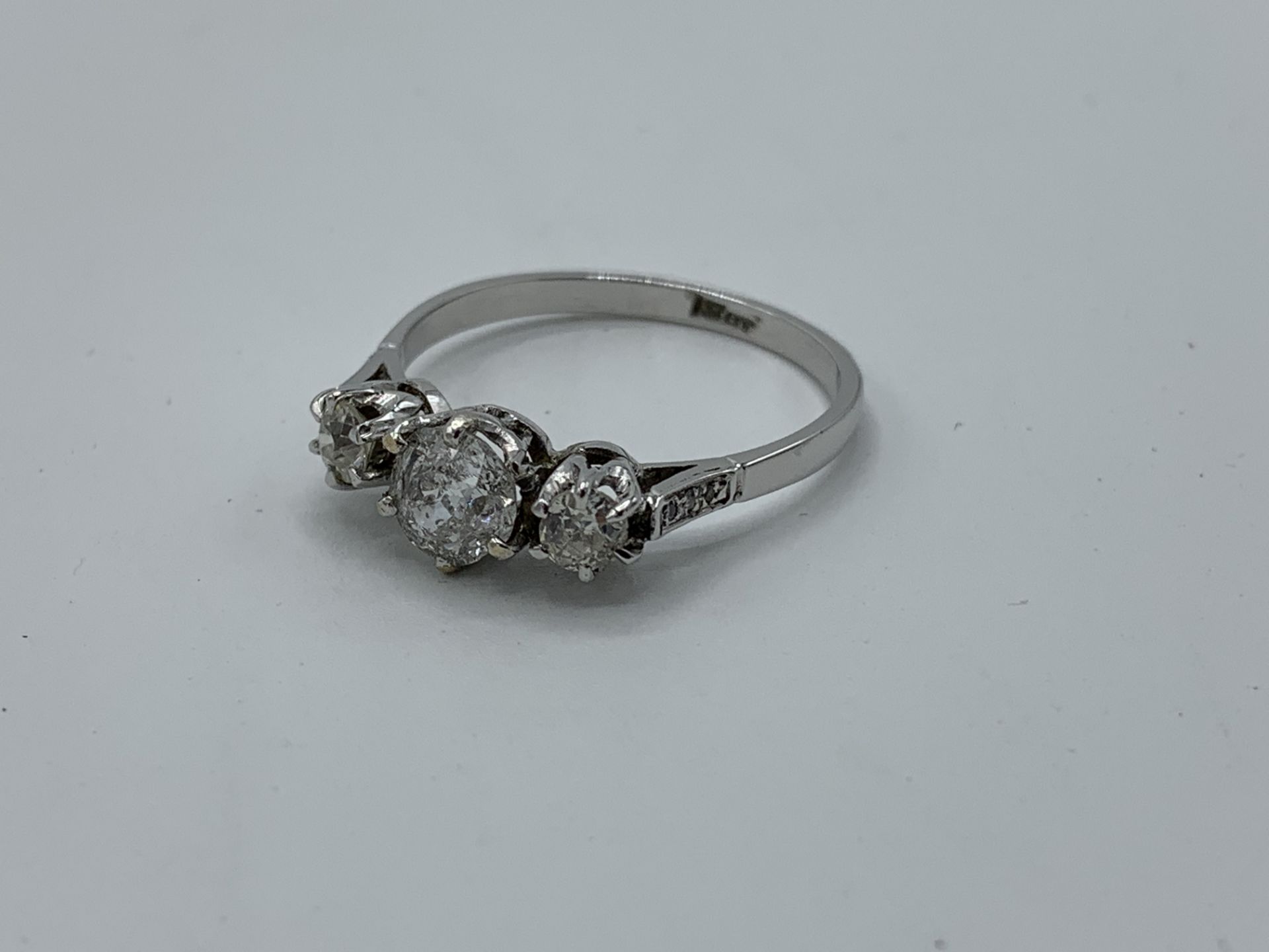 18ct white gold 3 stone old cut diamond ring, weight 2.7gms, size Q 1/2. Estimate £700-750. - Image 2 of 4