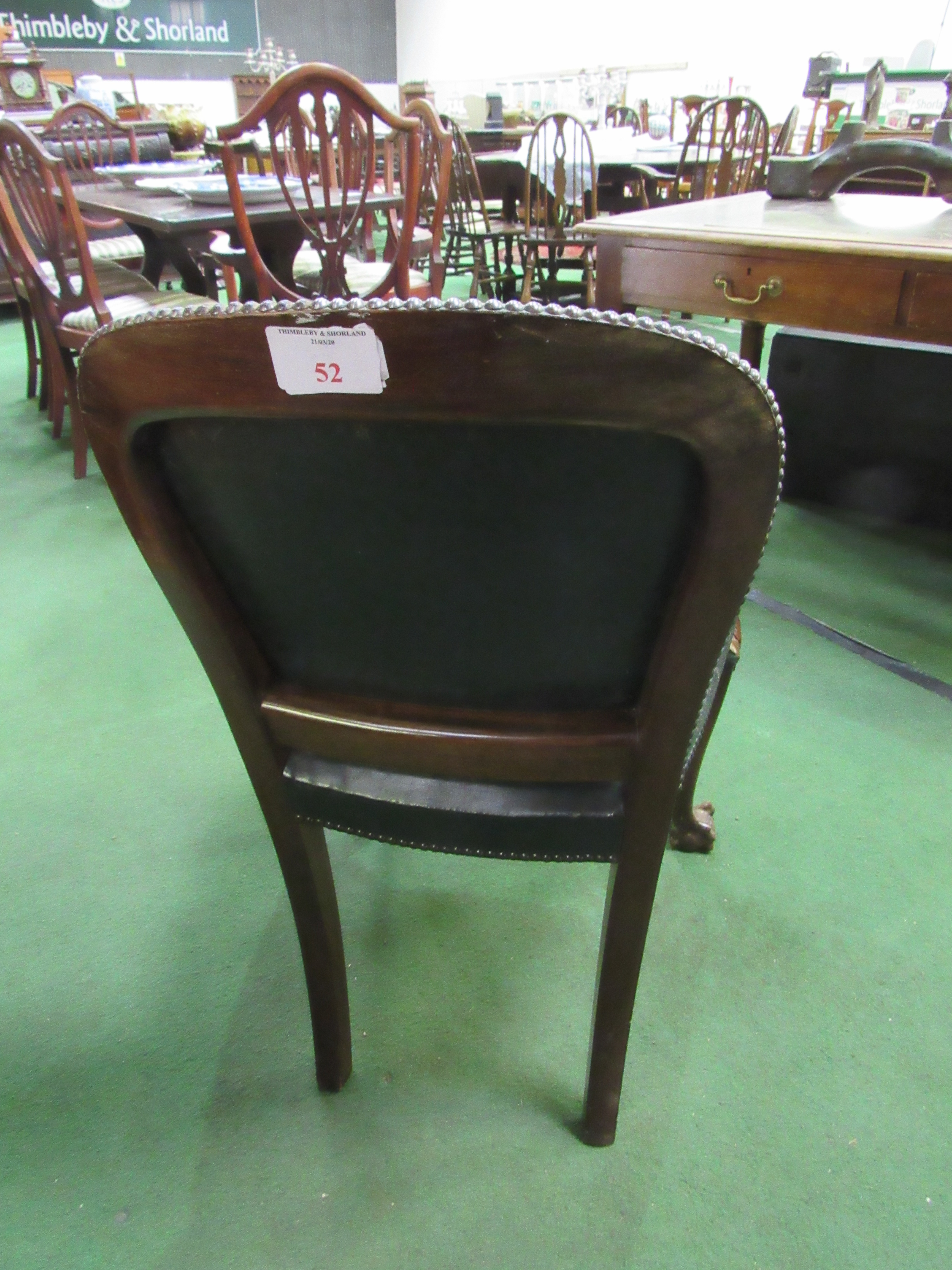 Green leather upholstered chair on ball and claw feet at front. Estimate £30-50. - Image 3 of 3