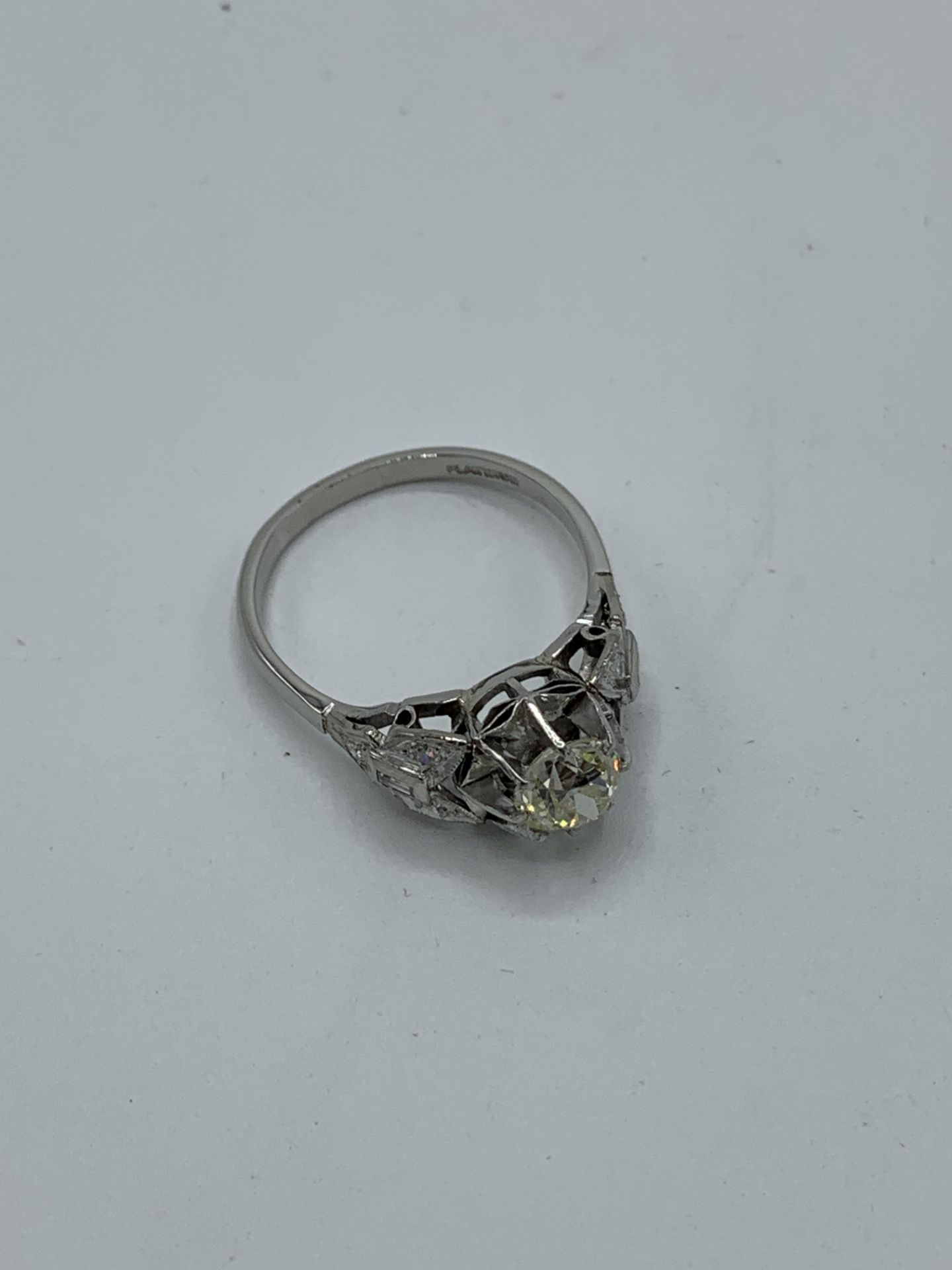 Platinum large old cut diamond ring with diamonds to shoulders, weight 4.8gms, size R. Estimate £ - Image 2 of 3
