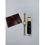 Omega Deville quartz wrist watch; and an Omega lady's quartz wrist watch with gold plated strap.