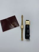 Omega Deville quartz wrist watch; and an Omega lady's quartz wrist watch with gold plated strap.