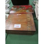 Inlaid box with interior tray and a doomed-top Oriental lacquered mahogany box. Estimate £20-30.