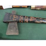 Polynesian ceremonial war axe with inset blade & tribal markings. Estimate £20-30.