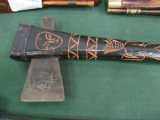 Polynesian ceremonial war axe with inset blade & tribal markings. Estimate £20-30.