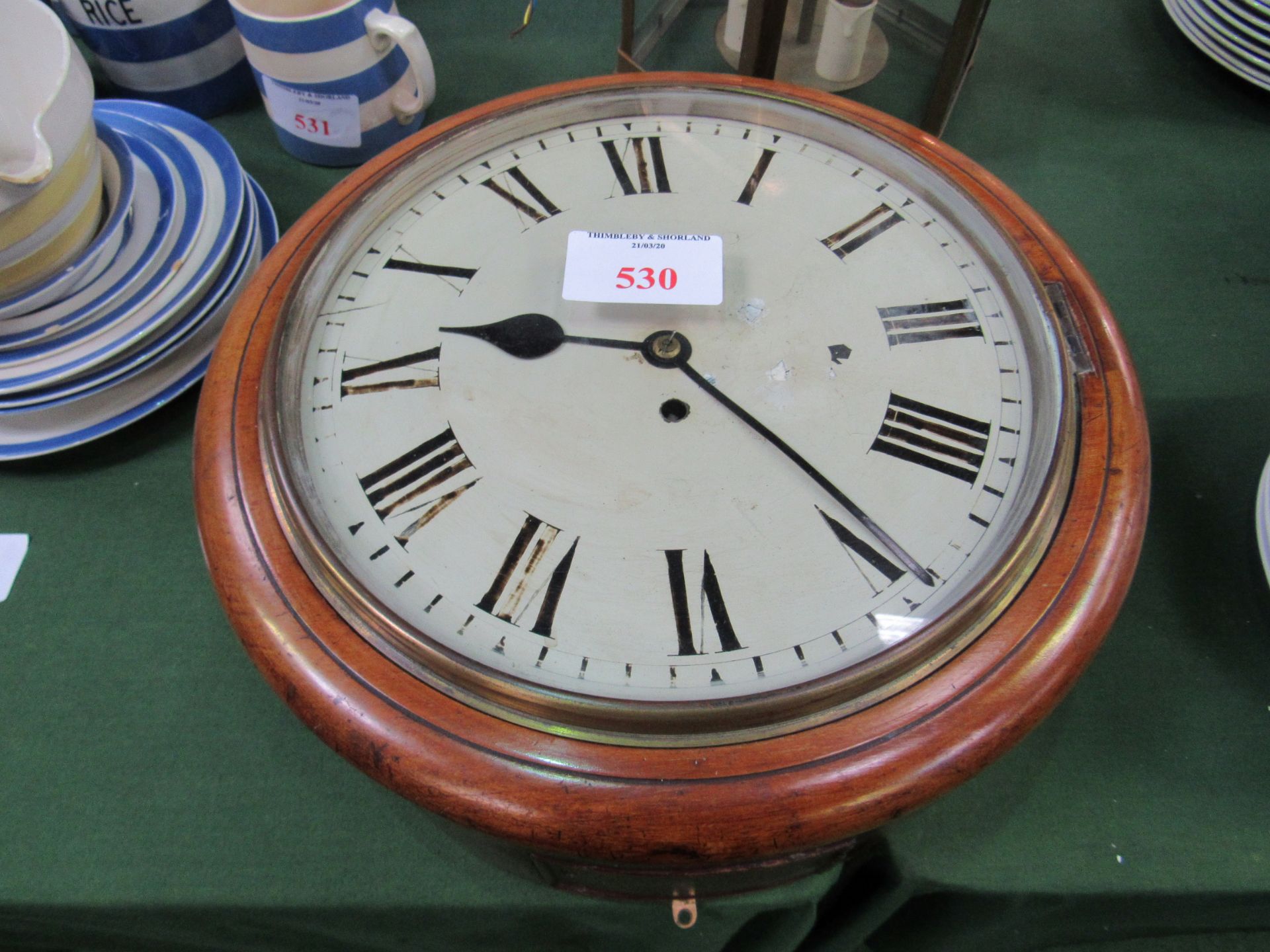 15 inch Walnut Fusee dial clock, working, with key & pendulum. Estimate £140-180.