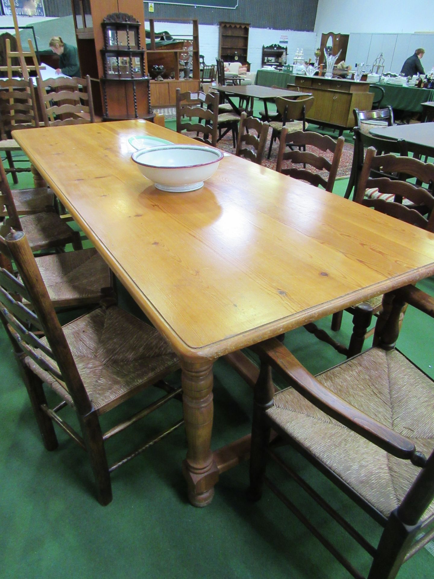 Long pine table on stretcher and block supports, 278 x 100 x 79cms. Estimate £50-80. - Image 2 of 3