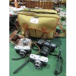 Billingham camera bag; Yashica camera; 2 Olympus Trip cameras; Helina 35 camera together with