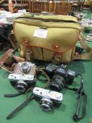 Billingham camera bag; Yashica camera; 2 Olympus Trip cameras; Helina 35 camera together with
