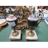 Pair 19th Century Grecian Urns on Sienna marble bases, clock garnitures. Estimate £40-60.