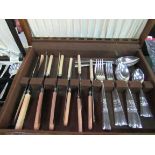 Set of 6 desert spoons and matching serving spoon, silver plated and boxed; together with a