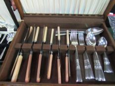 Set of 6 desert spoons and matching serving spoon, silver plated and boxed; together with a