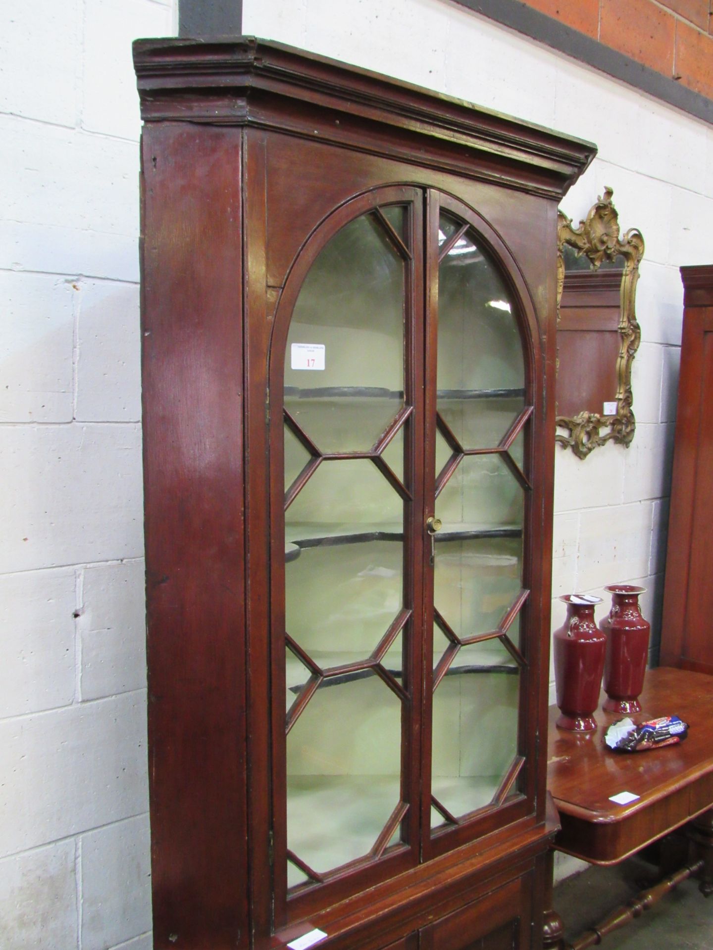 Mahogany corner cabinet with glazed doors over 2 door cupboard , 100 x 65 x 210cms. Estimate £20- - Image 3 of 3