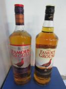 1 litre bottle Famous Grouse red label whisky and 1 litre bottle Famous Grouse black label whisky.