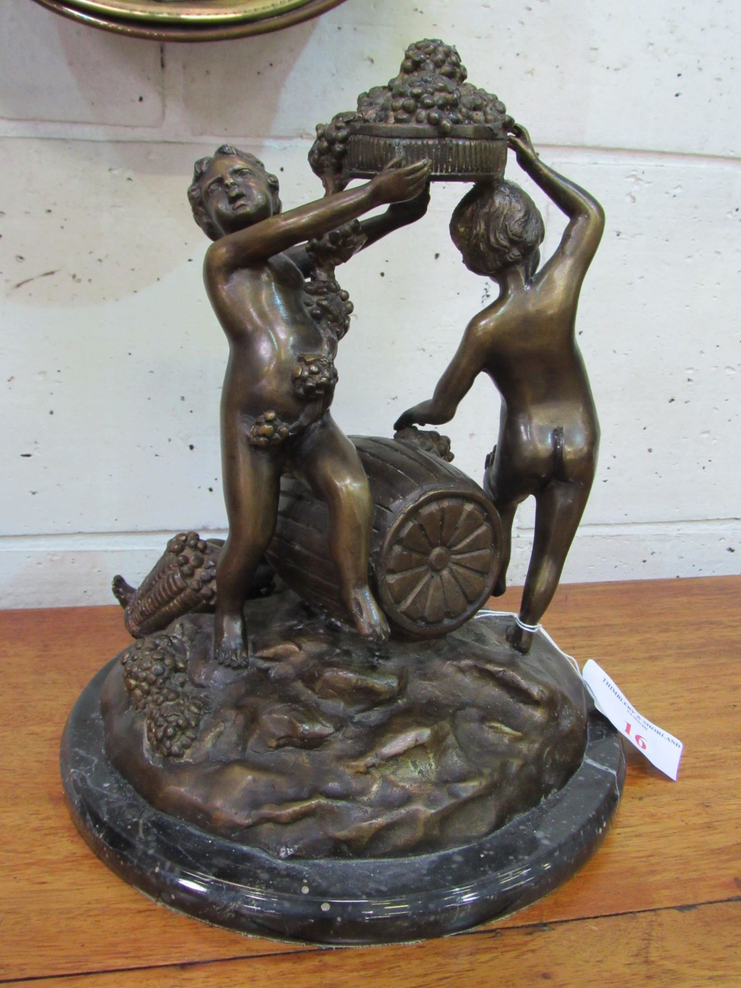 Large bronze figural set of 3 Bacchanalian nude boys on marble base. Estimate £60-90. - Image 2 of 3