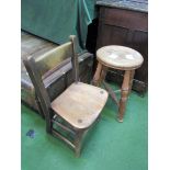 Wooden stool and child's wooden chair. Estimate £20-30.