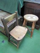 Wooden stool and child's wooden chair. Estimate £20-30.