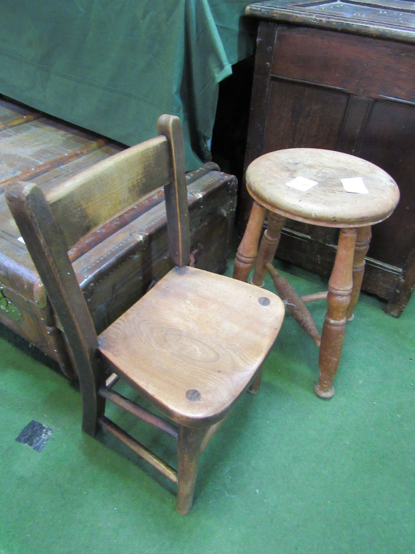 Wooden stool and child's wooden chair. Estimate £20-30.