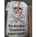Domed enamel sign, ""Death by electrocution hazard"", with skull & crossbones. Estimate £30-50.