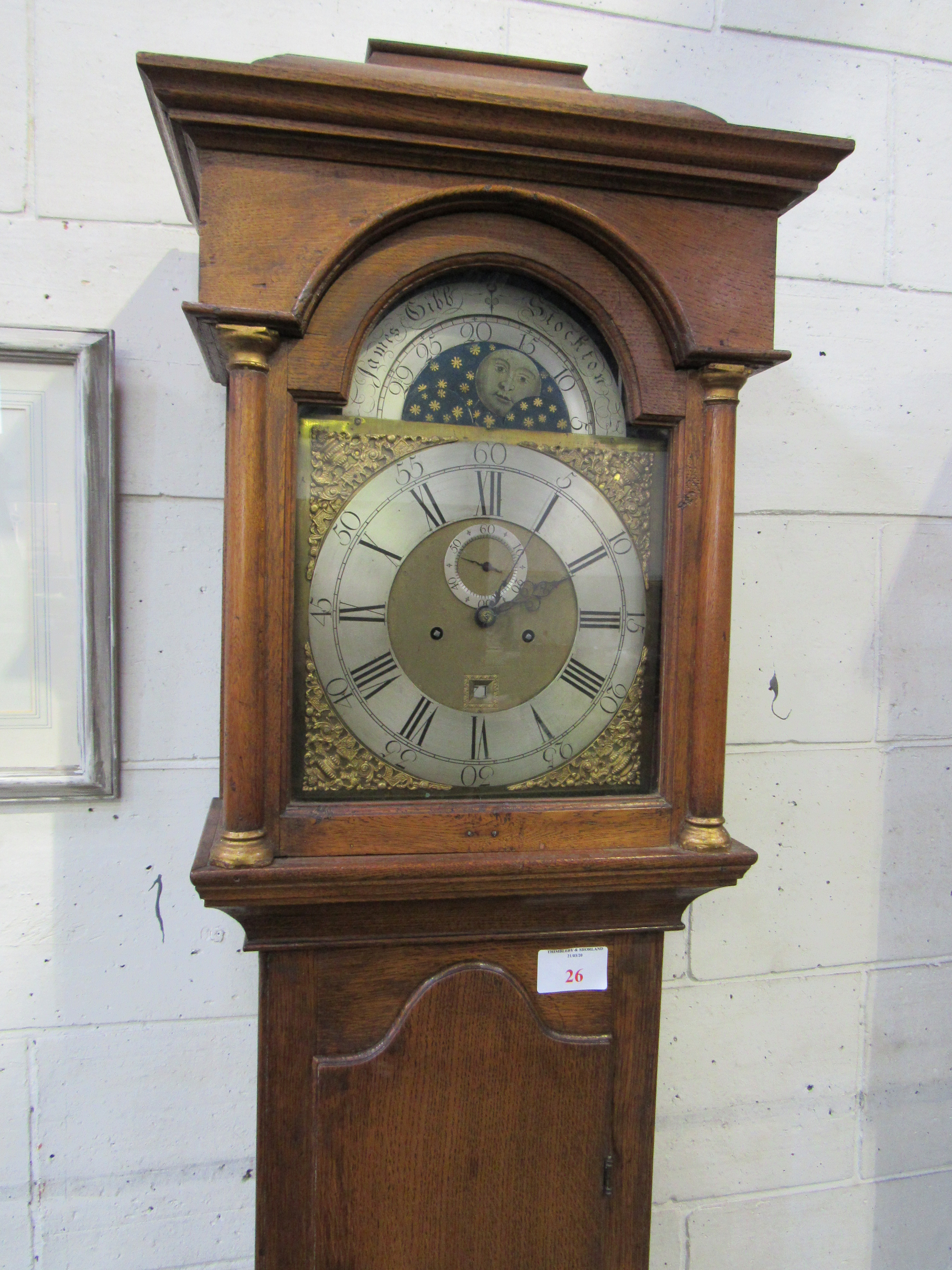 Oak longcase clock, break arch, moon phase, date aperture, seconds dial, face engraved 'James - Image 2 of 3