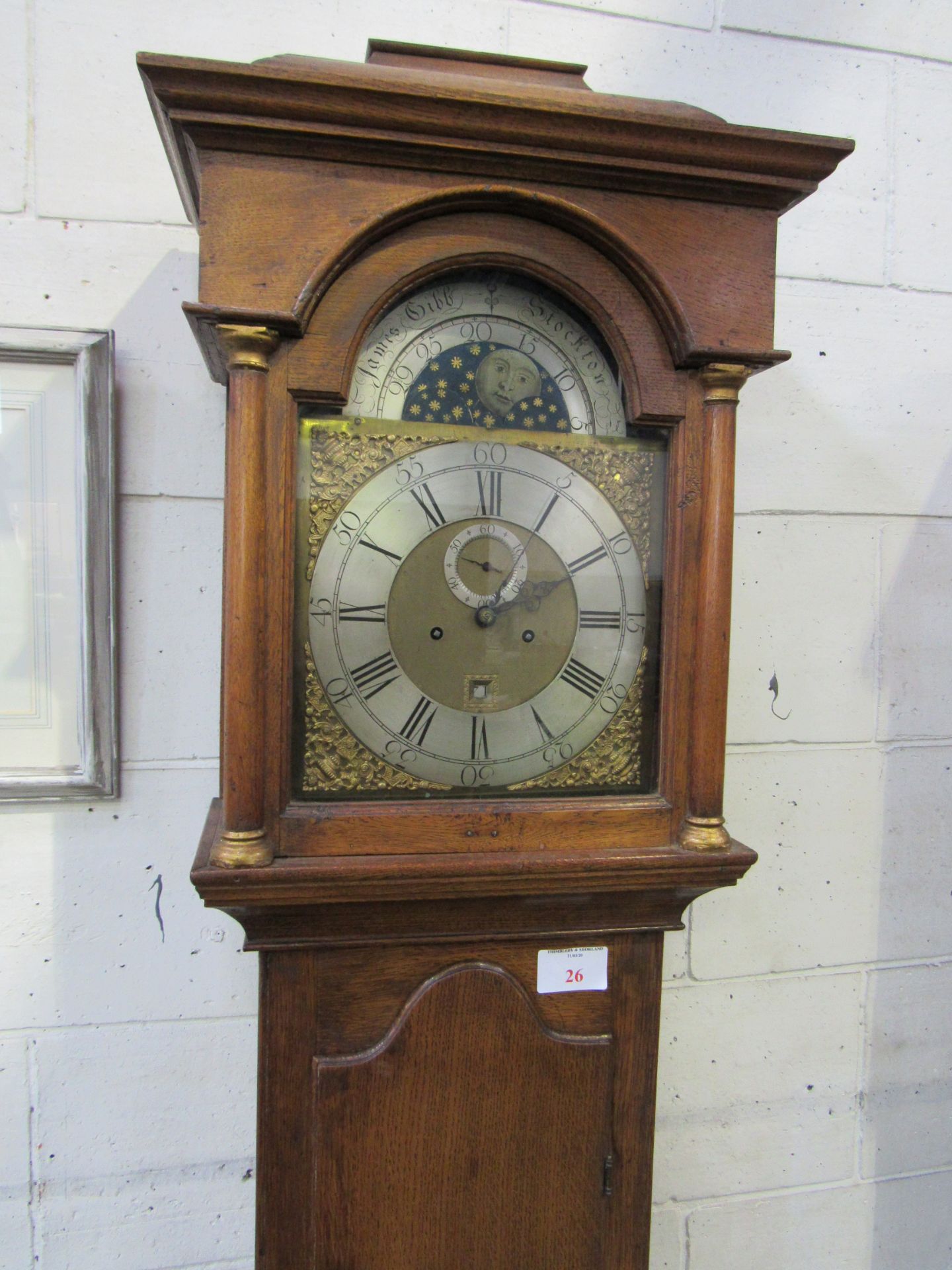 Oak longcase clock, break arch, moon phase, date aperture, seconds dial, face engraved 'James - Image 2 of 3