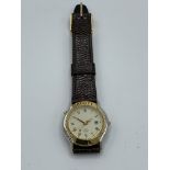 Lady's Gucci Mondiale gold tone stainless steel quartz wrist watch on a brown leather strap, Ref No: