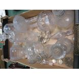 9 various cut and etched decanters, small bottle and quantity of stoppers, height from 24-28cms.