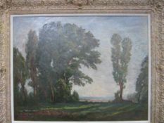 Large oil on canvas tree in a landscape, signed monogram ""B"". Estimate £50-100.