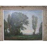 Large oil on canvas tree in a landscape, signed monogram ""B"". Estimate £50-100.