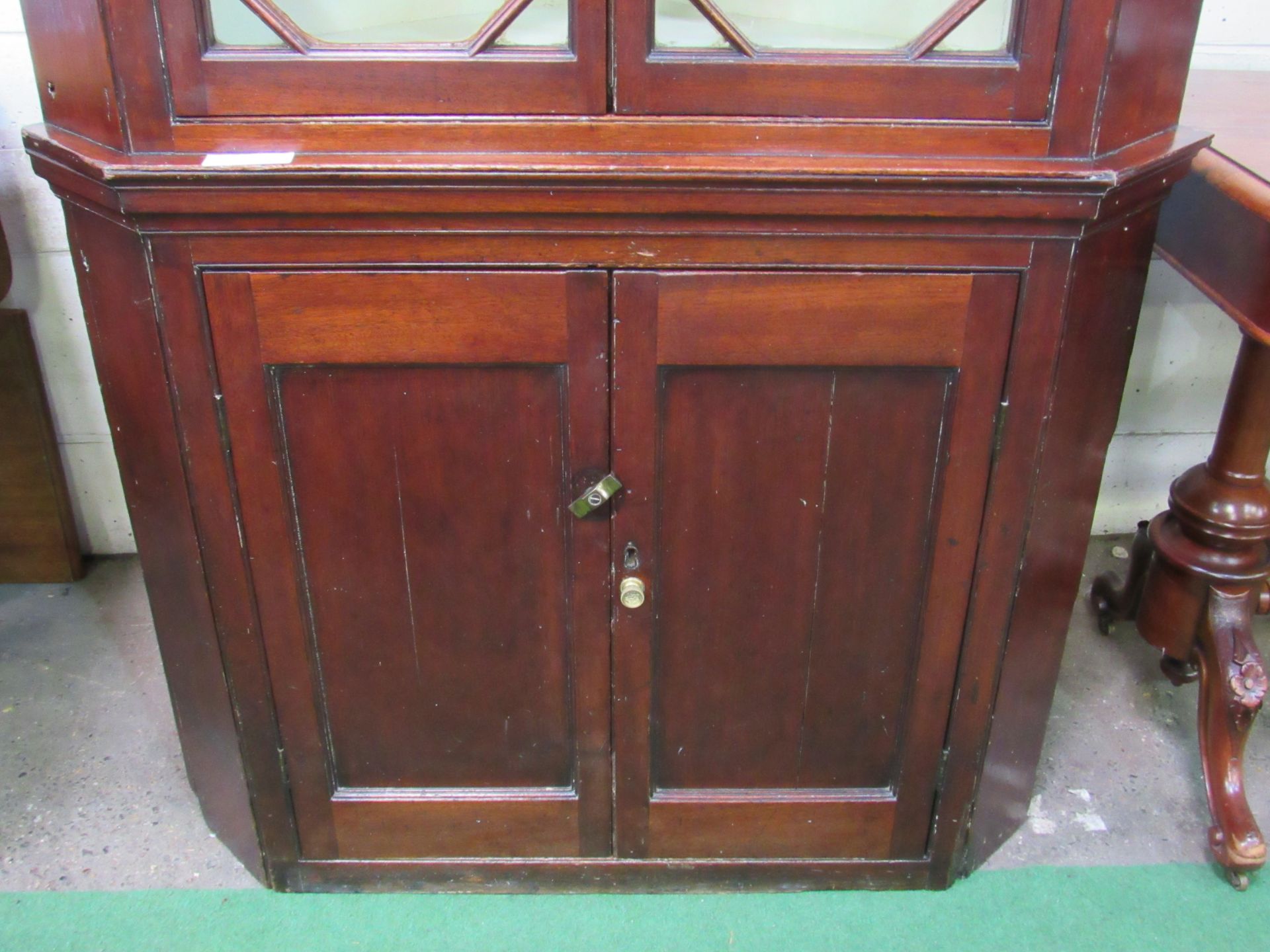 Mahogany corner cabinet with glazed doors over 2 door cupboard , 100 x 65 x 210cms. Estimate £20- - Image 2 of 3