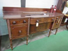 Irish 19th Century mahogany bow fronted sideboard with panelled doors and upstand. 183 x 55 x 97cms.