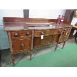 Irish 19th Century mahogany bow fronted sideboard with panelled doors and upstand. 183 x 55 x 97cms.