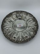 Italian 800 silver decorated dish, weight 26.5ozt, diameter 36.5cms. Estimate £180-220.
