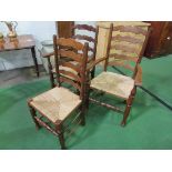 Set of 6 chairs and 2 carvers, mix of oak and elm ladder back with string seats, together with 3