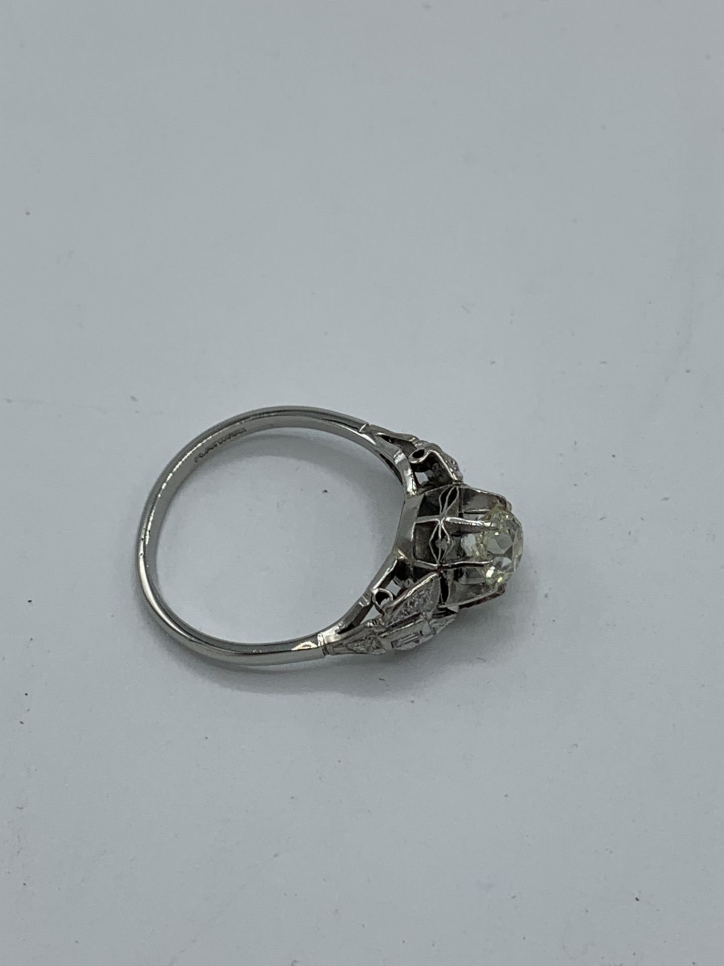 Platinum large old cut diamond ring with diamonds to shoulders, weight 4.8gms, size R. Estimate £ - Image 3 of 3