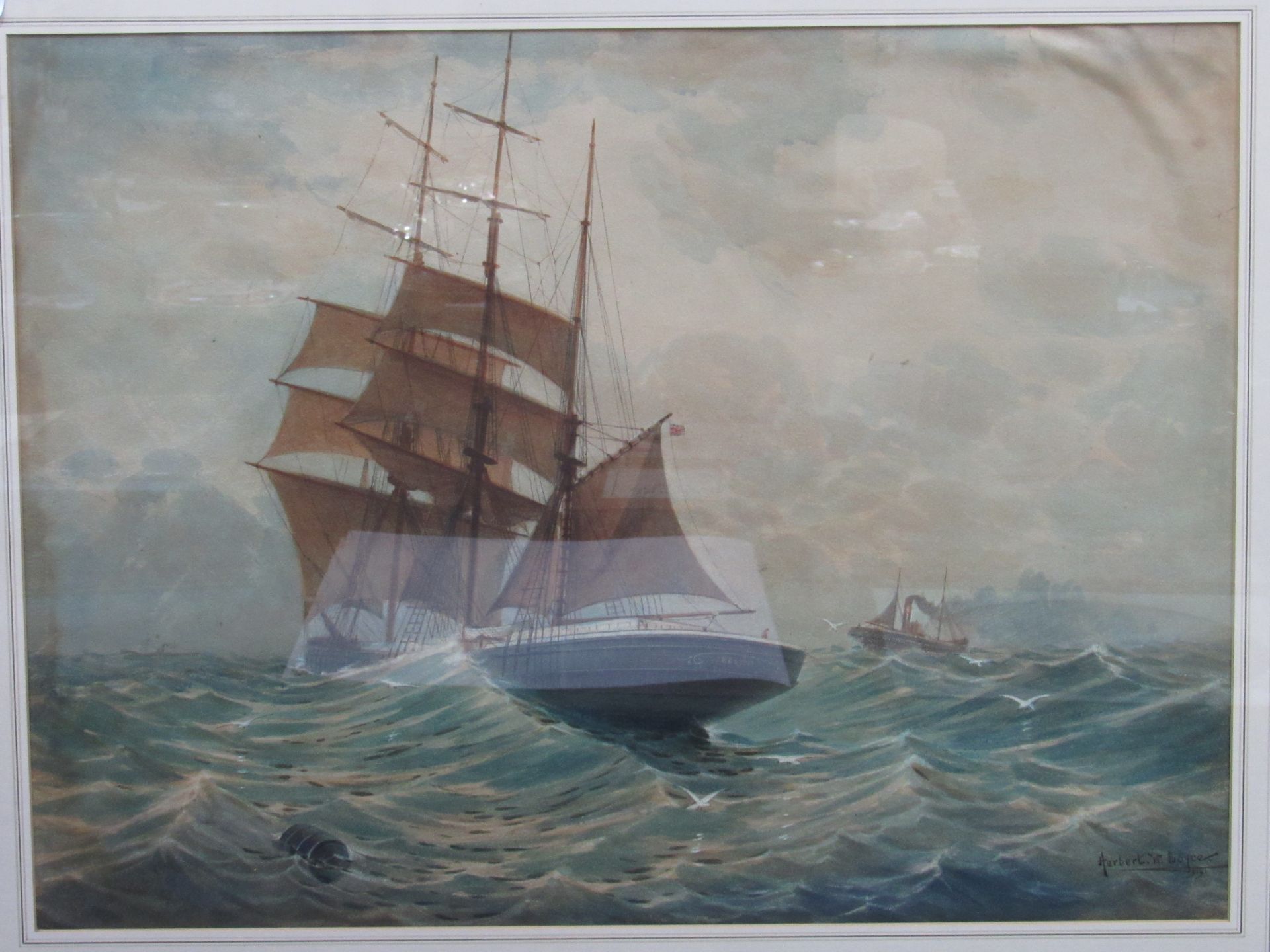 Gilt framed & glazed watercolour of a sailing ship, signed Herbert W Boyce, 1919, 54.5 x 74cms. - Image 2 of 2